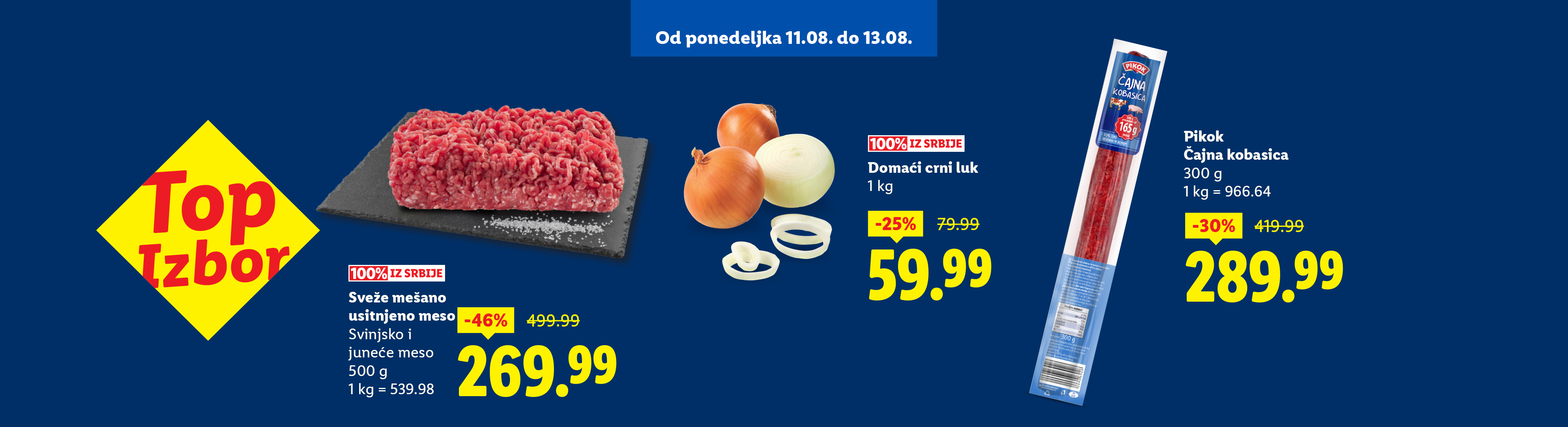 Reklama za mleveno meso, luk i Pikok čajnu kobasicu sa popustima.
