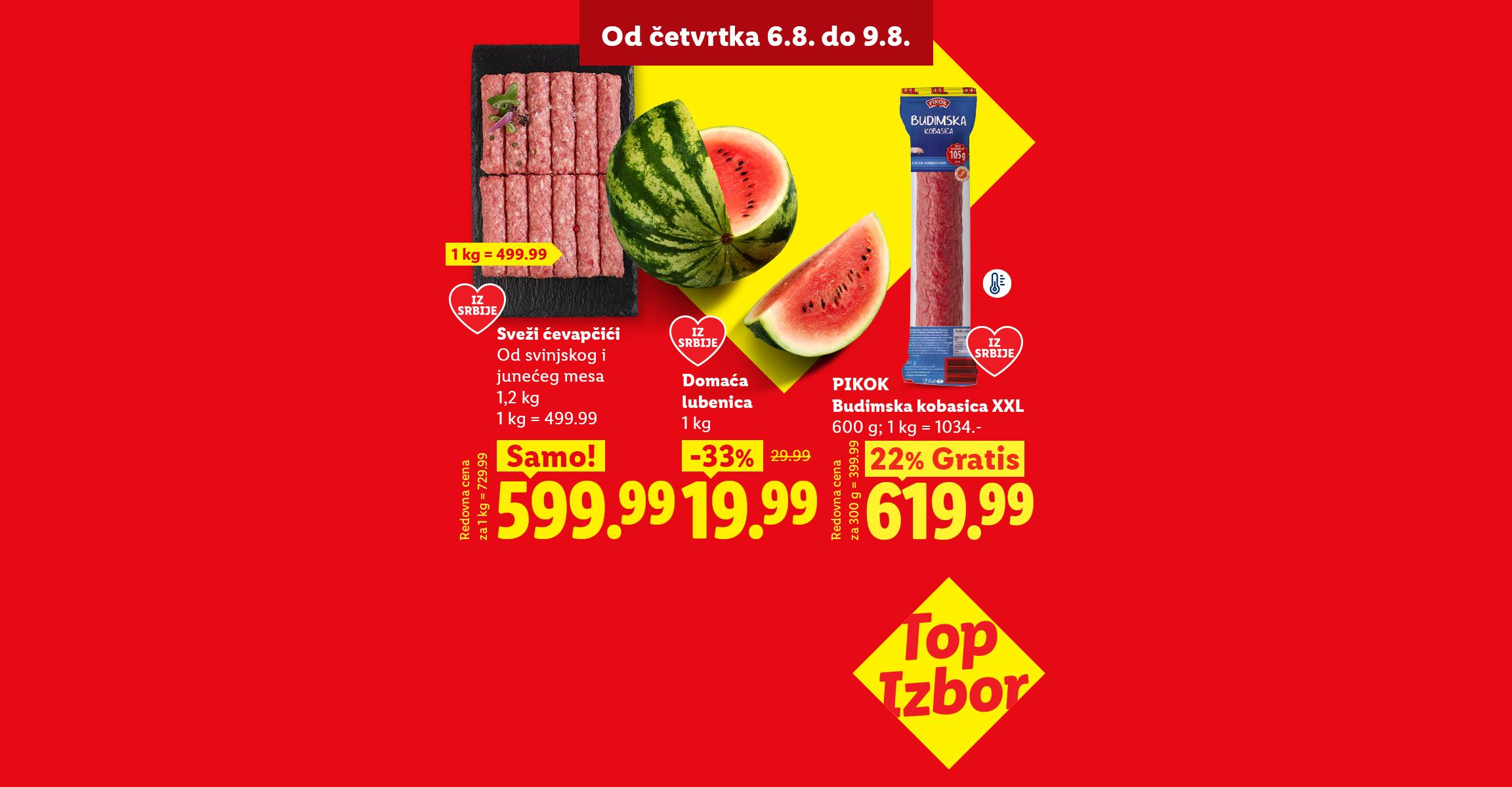 Akcija svežih ćevapčića, lubenice i kobasice, sa istaknutim popustima i cenama.