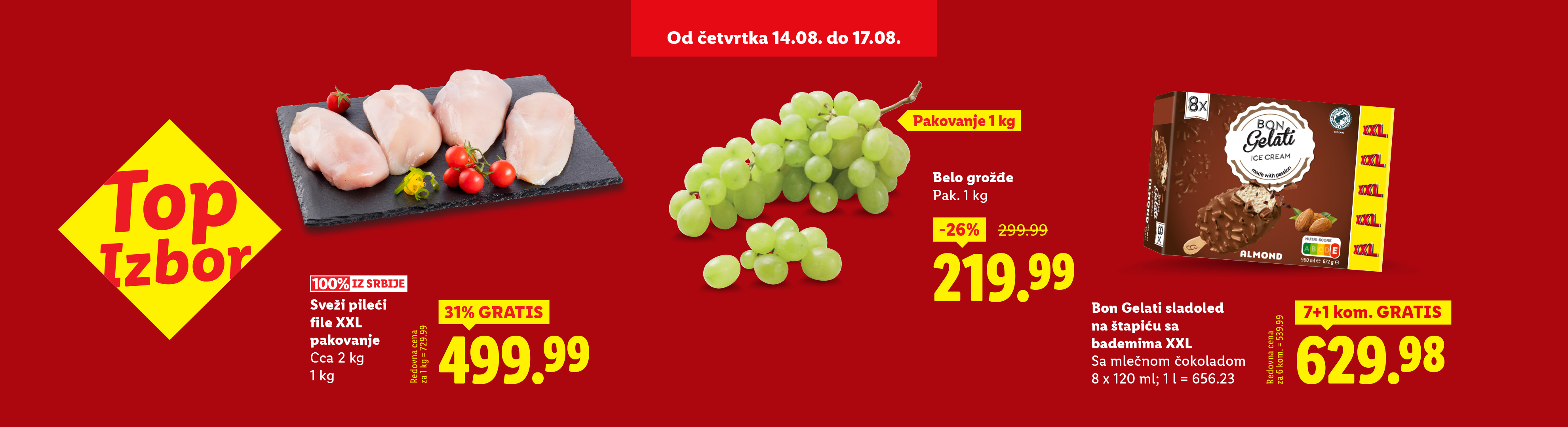 Reklama za sveže pileće filete, belo grožđe i Bon Gelati sladoled.