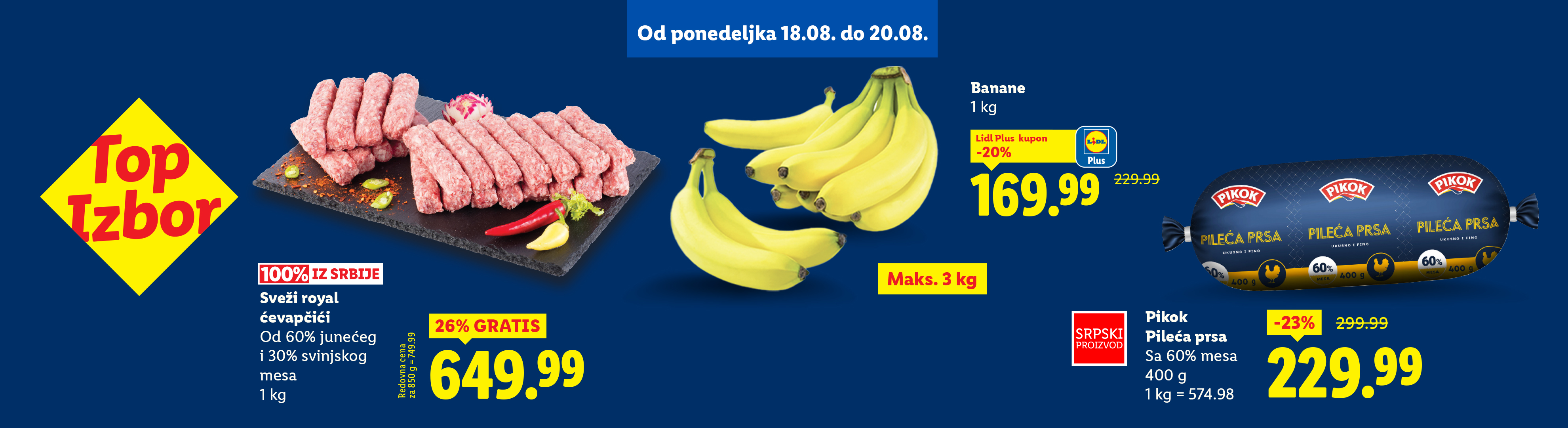 Reklama za sveže ćevapčiće, banane i Pikok pileća prsa sa popustima.