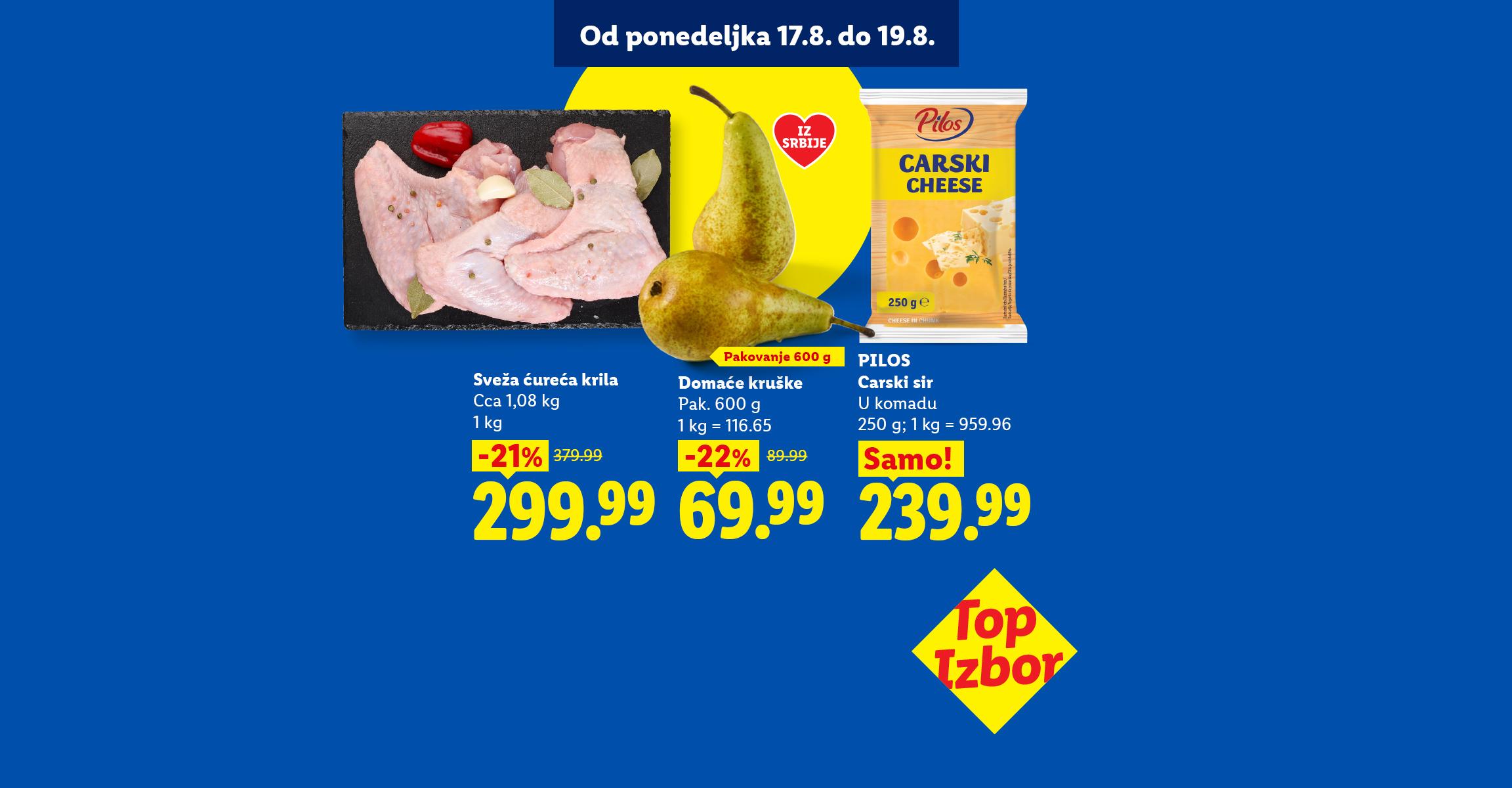 Reklama za sveža ćureća krila, domaće kruške i sir, sa istaknutim popustima.