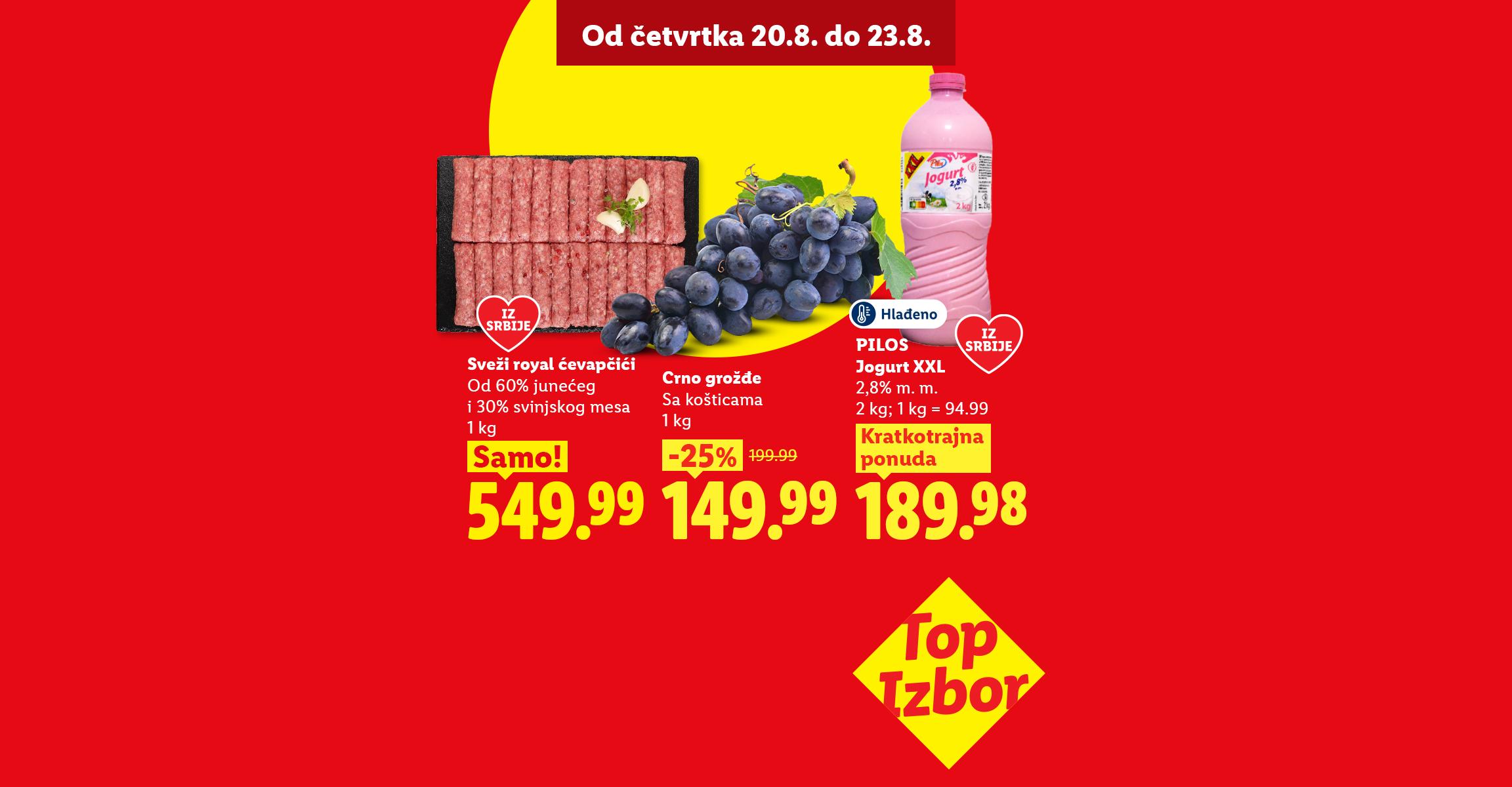Reklama za ćevapčiće, crno grožđe i jogurt sa popustima i istaknutim cenama.