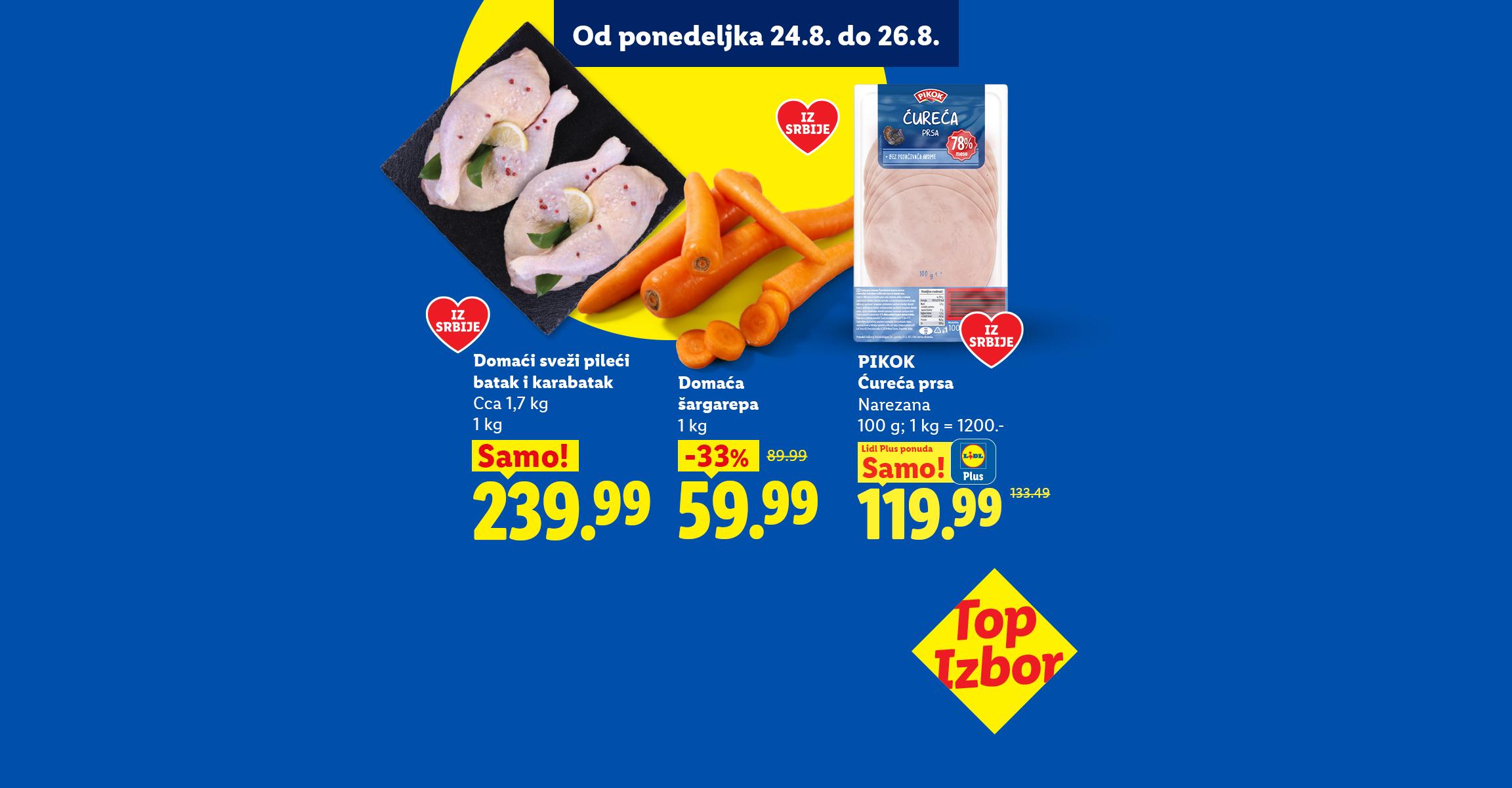 Reklama za sveže pileće batake i karabatake, šargarepu i narezana ćureća prsa.