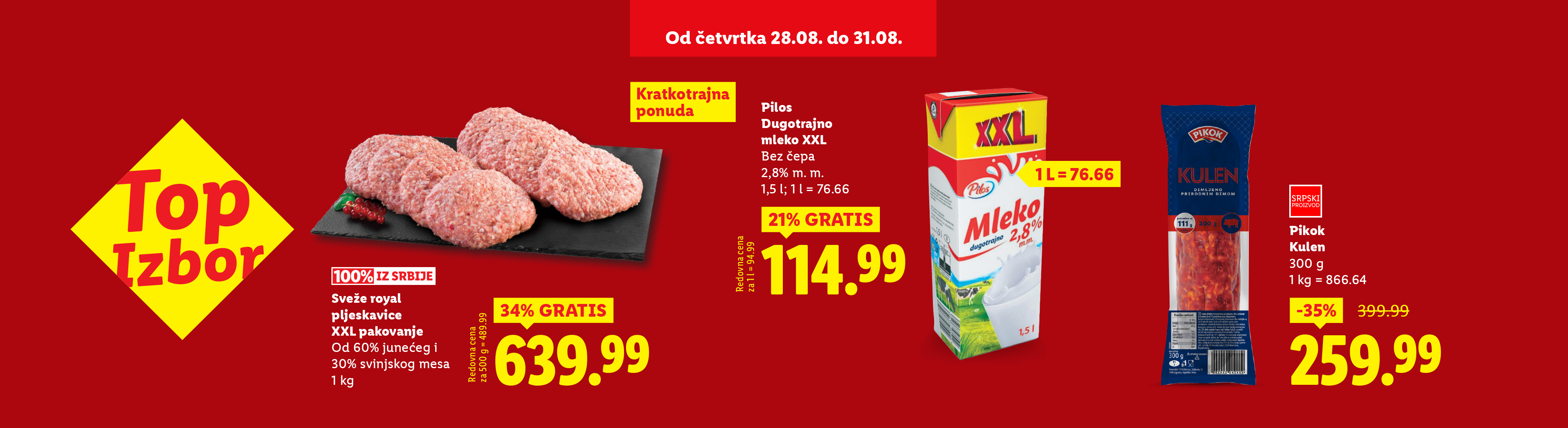 Reklama za mleveno meso, mleko i kulen sa cenama i popustima.
