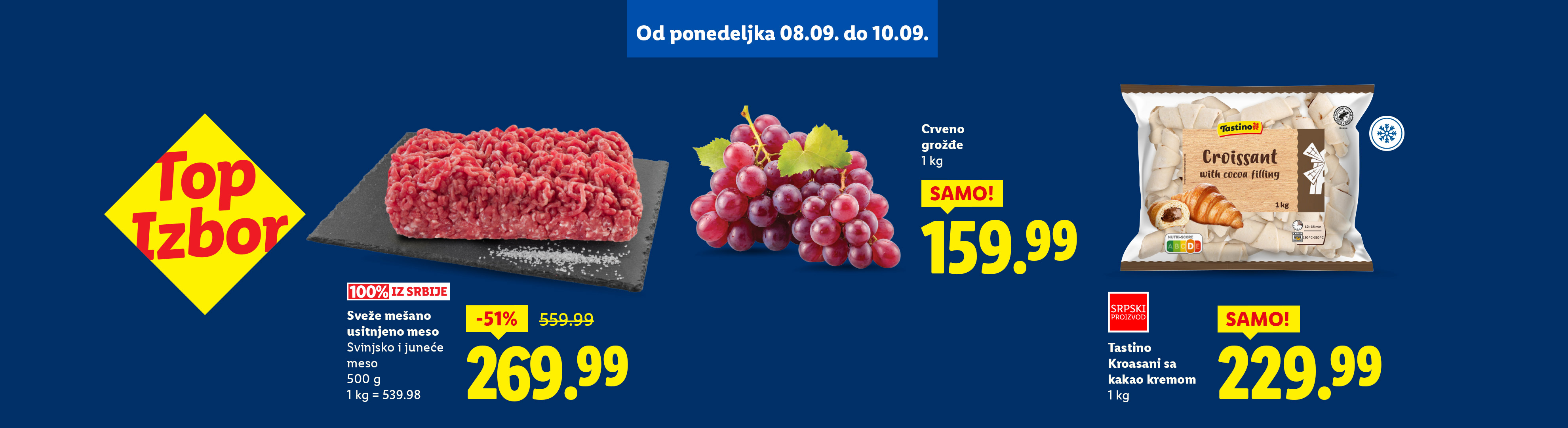 Reklama za mleveno meso, crveno grožđe i kroasane sa kakao kremom.
