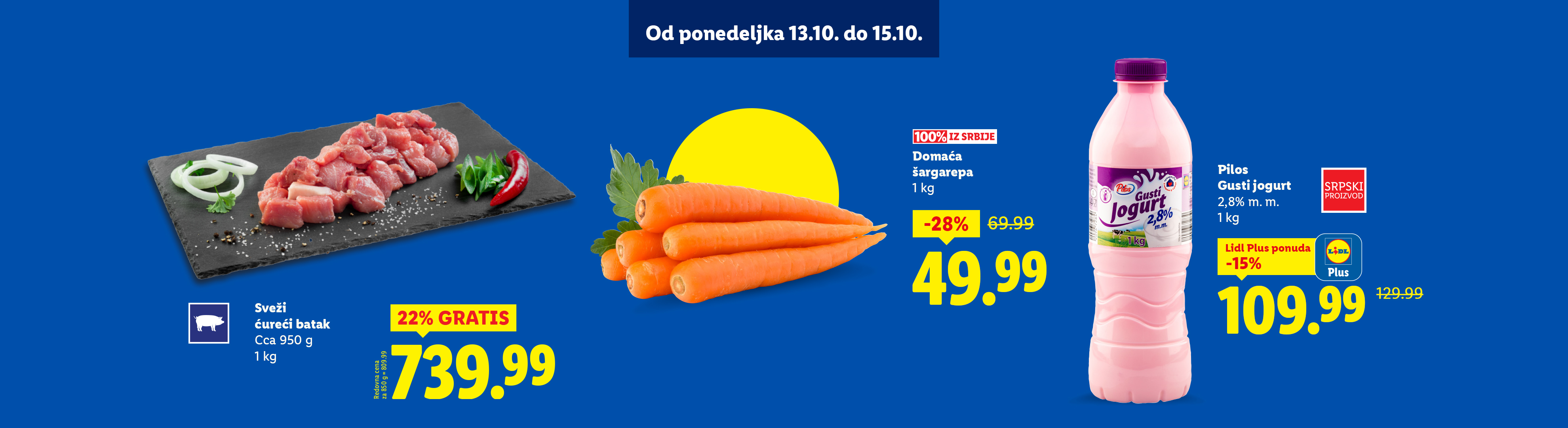Lidl akcija: sveži ćureći batak, domaća šargarepa i Pilos gusti jogurt.