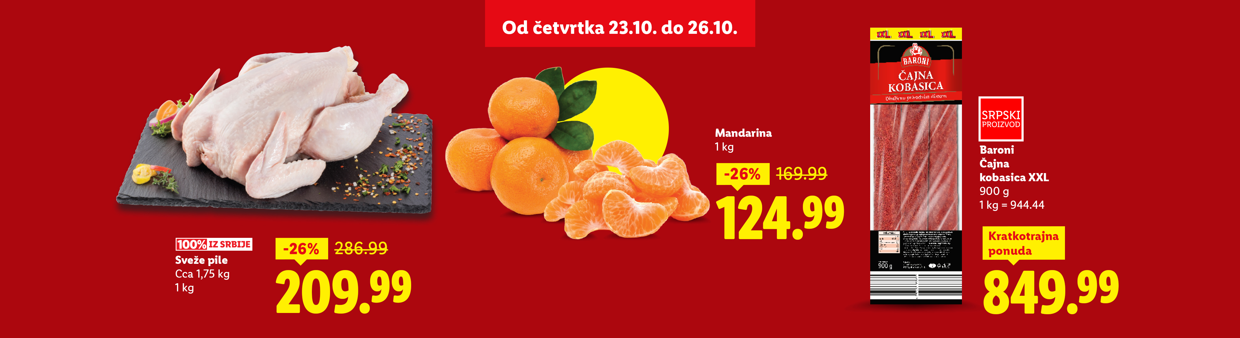 Reklama za sveže pile, mandarine i Baroni čajnu kobasicu sa popustima.