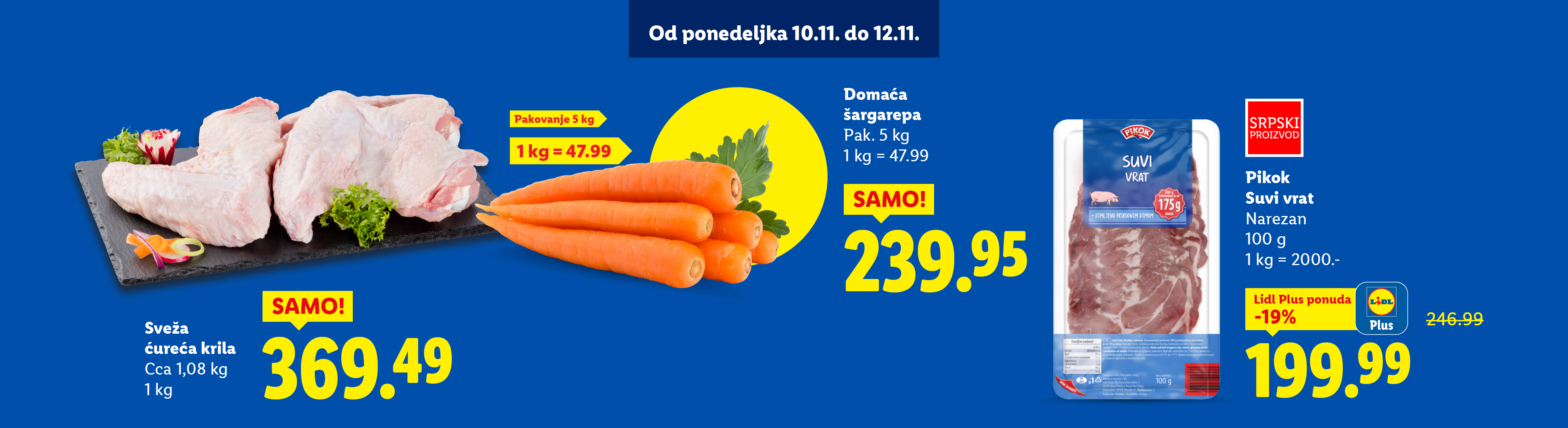Sveža ćureća krila, domaća šargarepa i Pikok suvi vrat u Lidl ponudi.