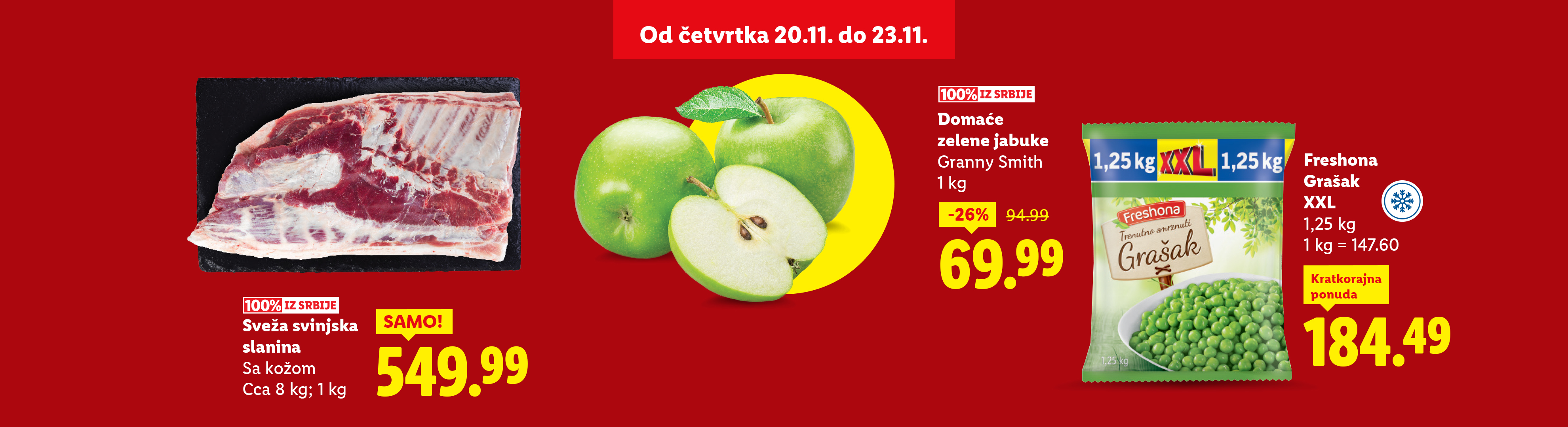 Lidl ponuda: sveža svinjska slanina, domaće zelene jabuke Granny Smith i Freshona grašak XXL.