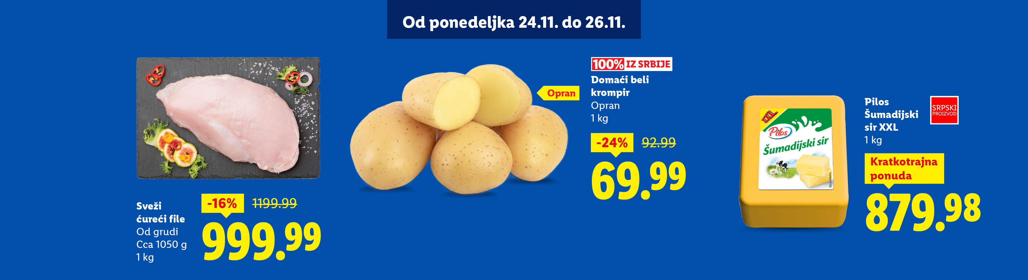 Reklama za Lidl sa svežim ćurećim fileom, krompirom i Pilos Šumadijskim sirom.