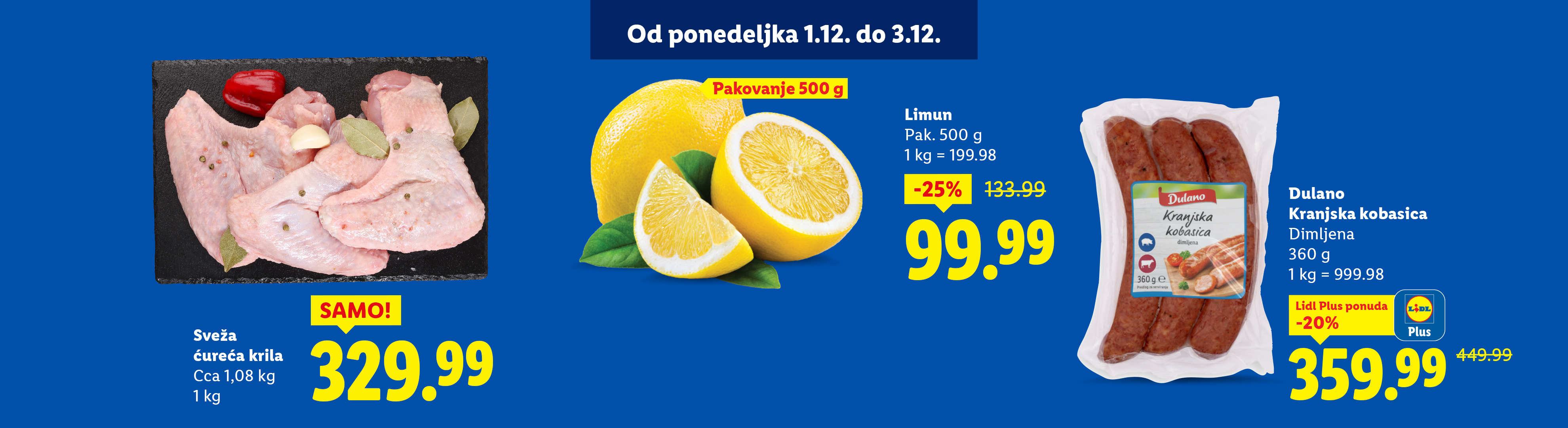 Lidl ponuda sa svežim ćurećim krilima, limunom i Dulano Kranjskom kobasicom.