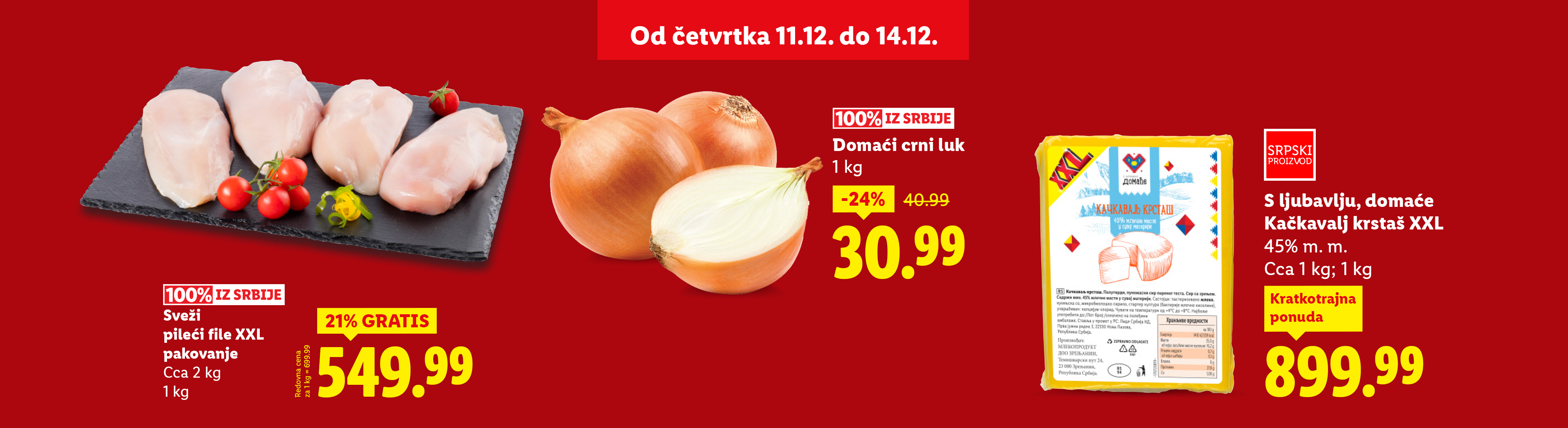 Sveži pileći file, crni luk i kačkavalj u ponudi.