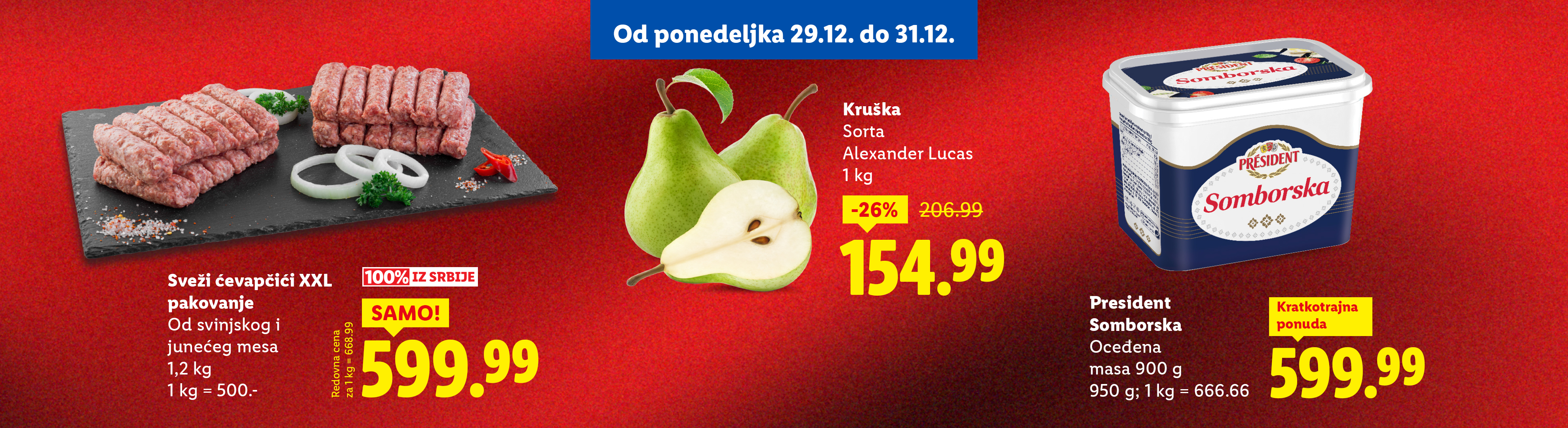 Reklama za ćevapčiće, kruške i President Somborsku, sa cenama i popustima.
