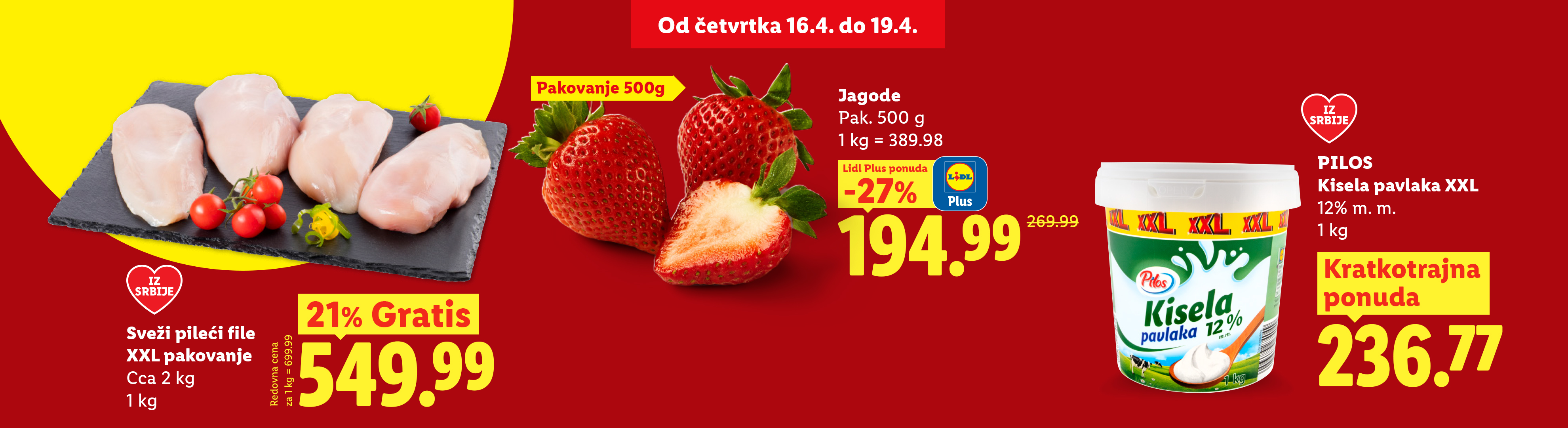 Reklama za sveži pileći file, jagode i kiselu pavlaku sa popustima.