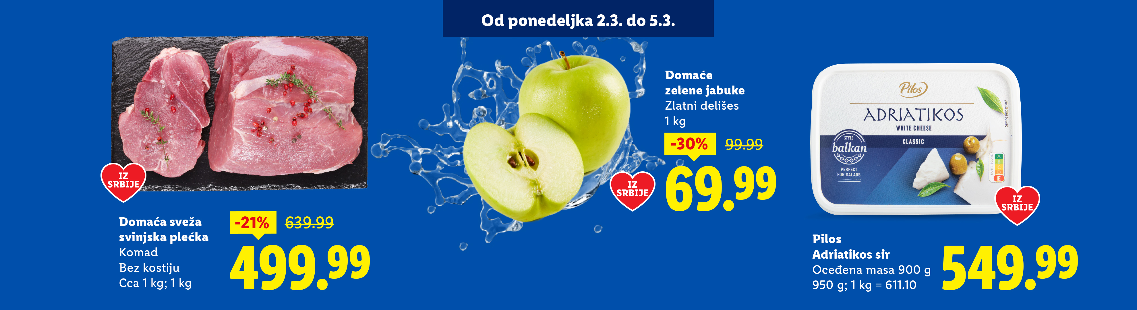 Sveža svinjska plećka, zelene jabuke i beli sir u pakovanju, sa popustima.