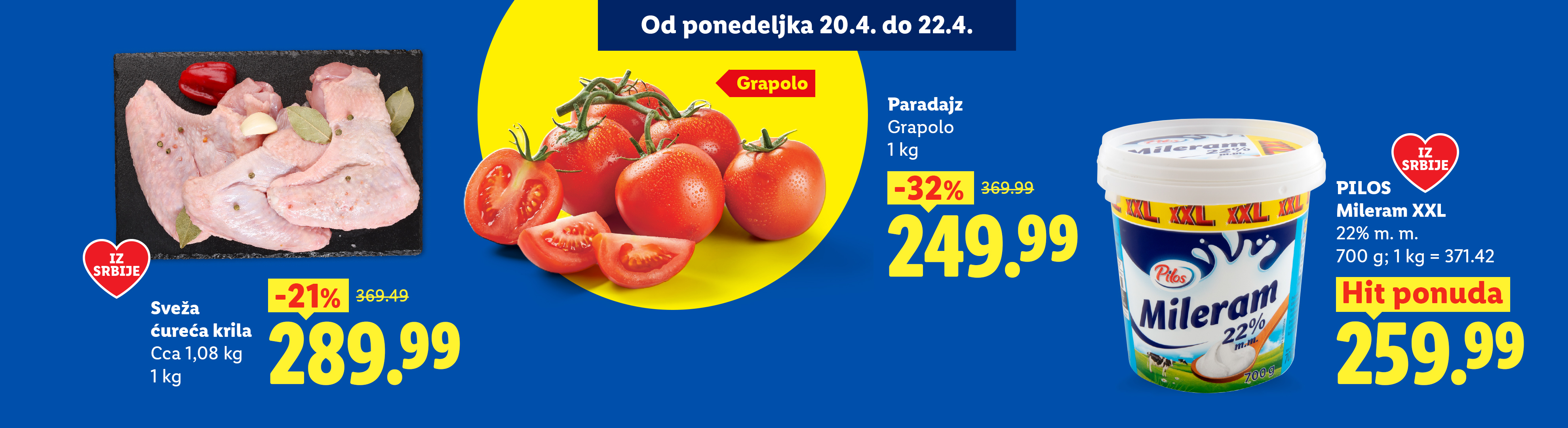 Reklama za sveža ćureća krila, paradajz i mileram, sa istaknutim popustima i cenama.