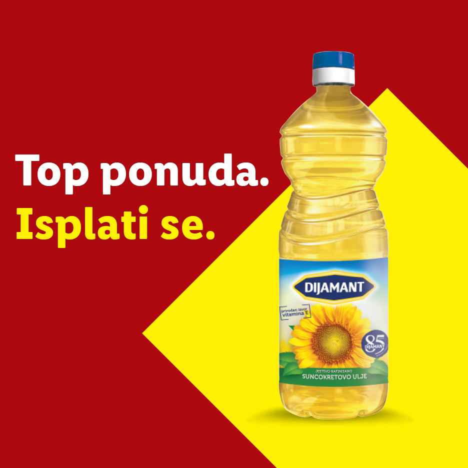 Boca suncokretovog ulja sa natpisom 'Top ponuda. Isplati se.' na crvenoj i žutoj pozadini.