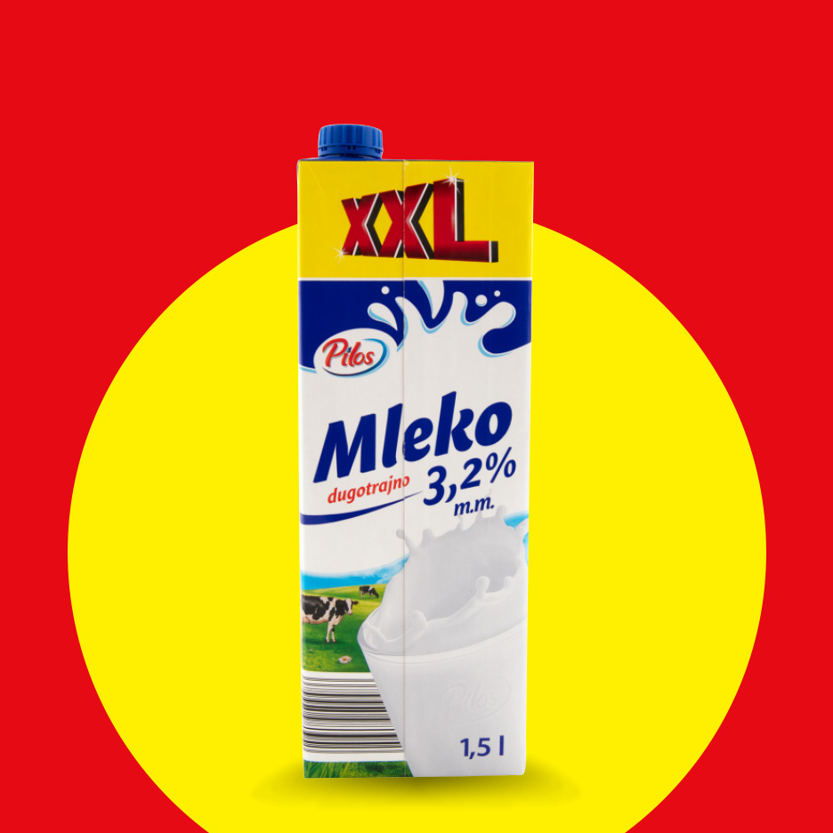 Karton mleka sa natpisom 'Mleko dugotrajno 3,2% m.m.' i oznakom 'XXL' na crveno-žutoj pozadini.