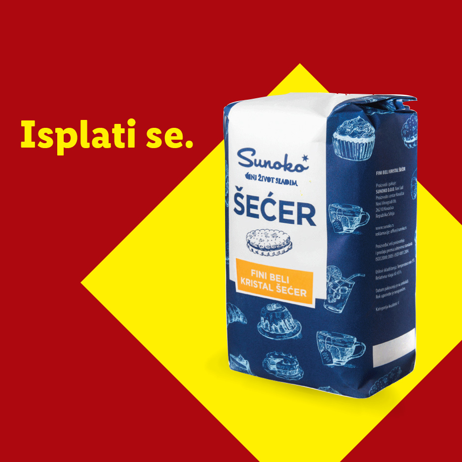 Pakovanje kristal šećera sa natpisom „Isplati se.“ na crvenoj pozadini.