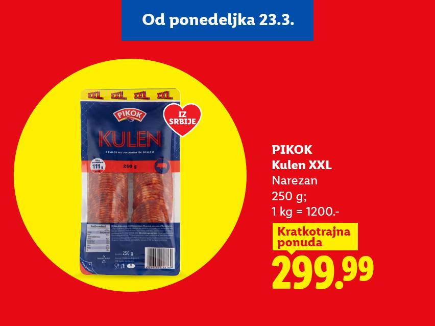 Pakovanje narezanog kulena od 250g, sa naznakom „Iz Srbije“, po ceni od 299.99 dinara.