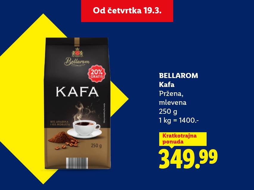 Pakovanje pržene, mlevene kafe sa 20% gratis, istaknuta cena i ponuda.