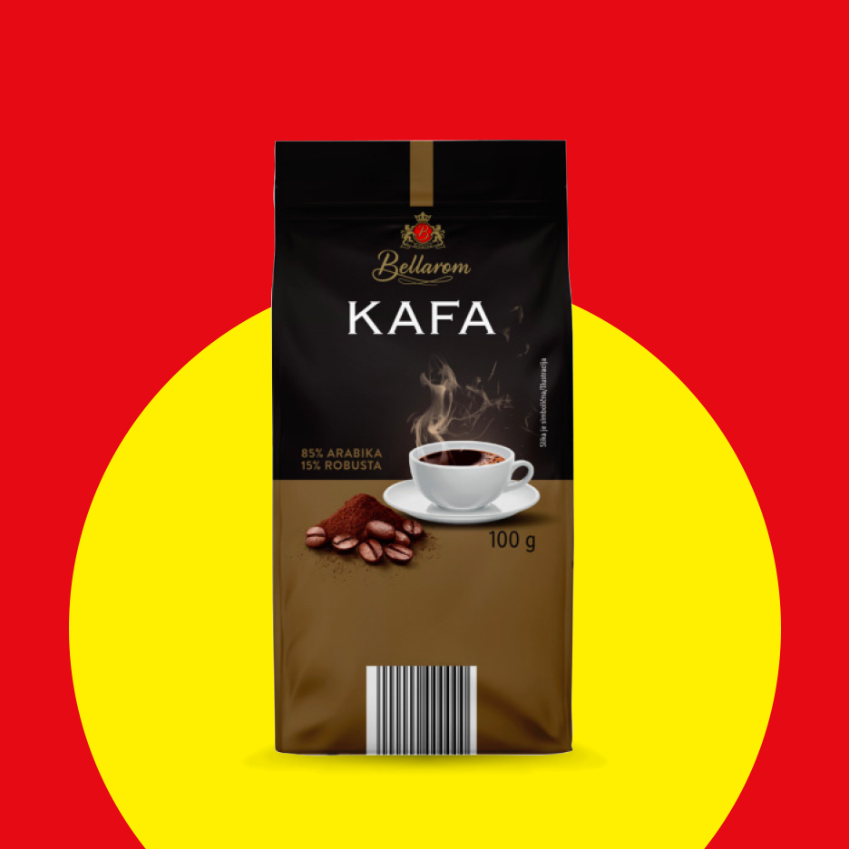 Pakovanje kafe sa natpisom 'Kafa', 85% Arabika, 15% Robusta, 100g.