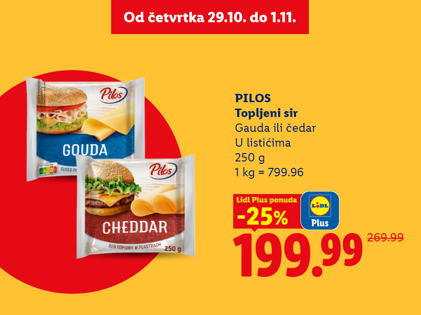 Pilos topljeni sir Gauda i Čedar u listićima, pakovanja od 250 g, na Lidl Plus akciji sa 25% popusta po ceni od 199.99 dinara umesto 269.99 dinara.
