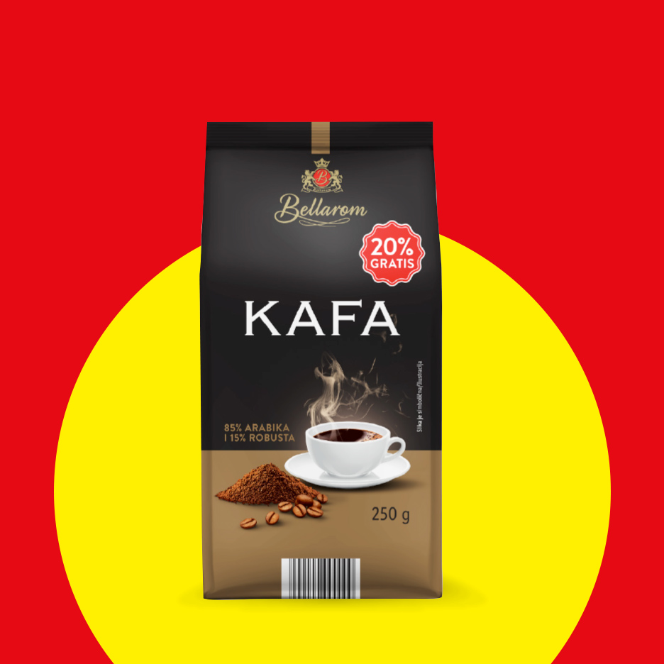 Pakovanje kafe sa natpisom 'Kafa', 85% Arabika i 15% Robusta, 250g, sa 20% gratis.