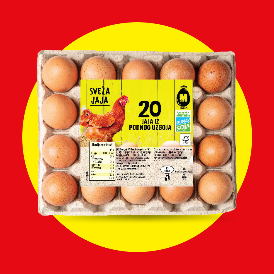Pakovanje od 20 svežih jaja iz podnog uzgoja.