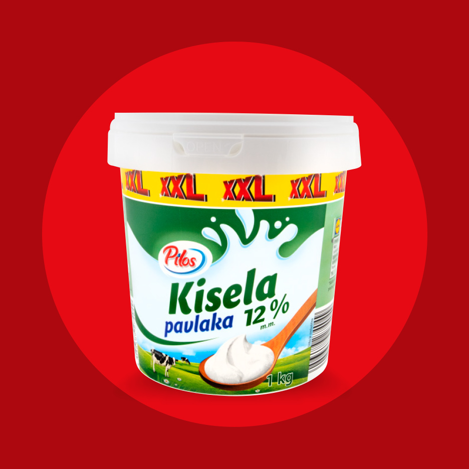 Kanta pavlake sa 12% mlečne masti, sa natpisom XXL i slikom krava na pašnjaku.