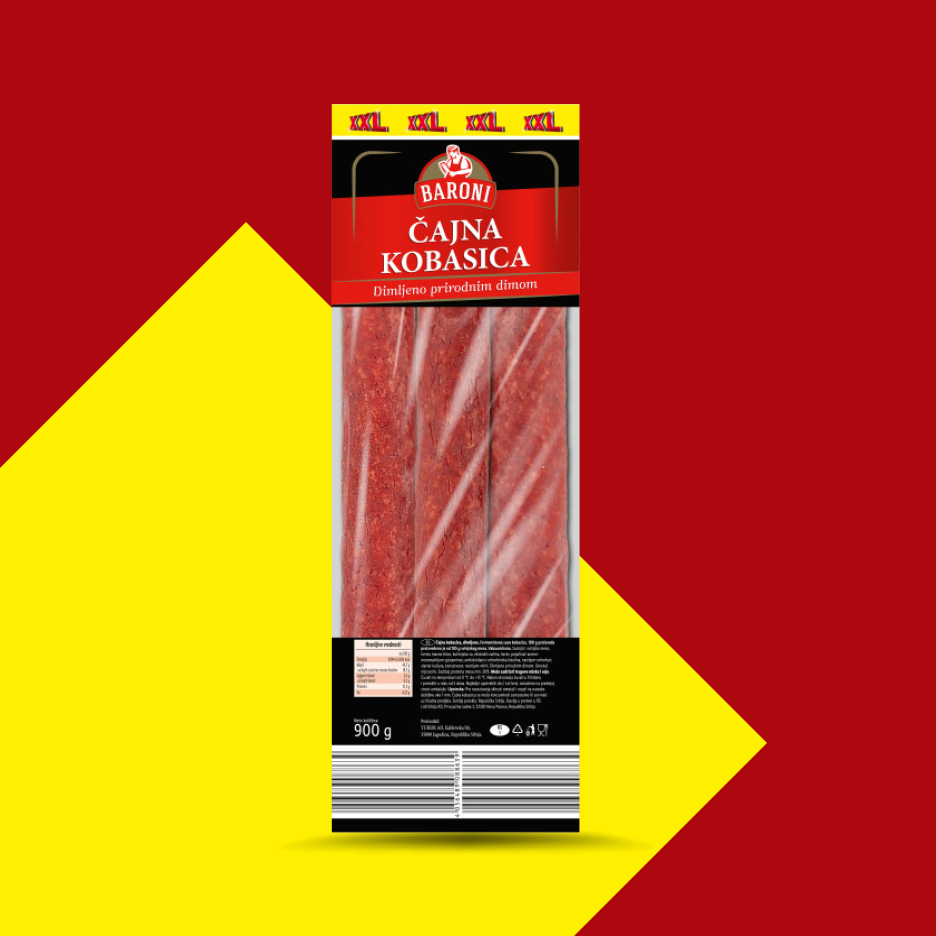 Pakovanje čajne kobasice dimljene prirodnim dimom, 900 g.