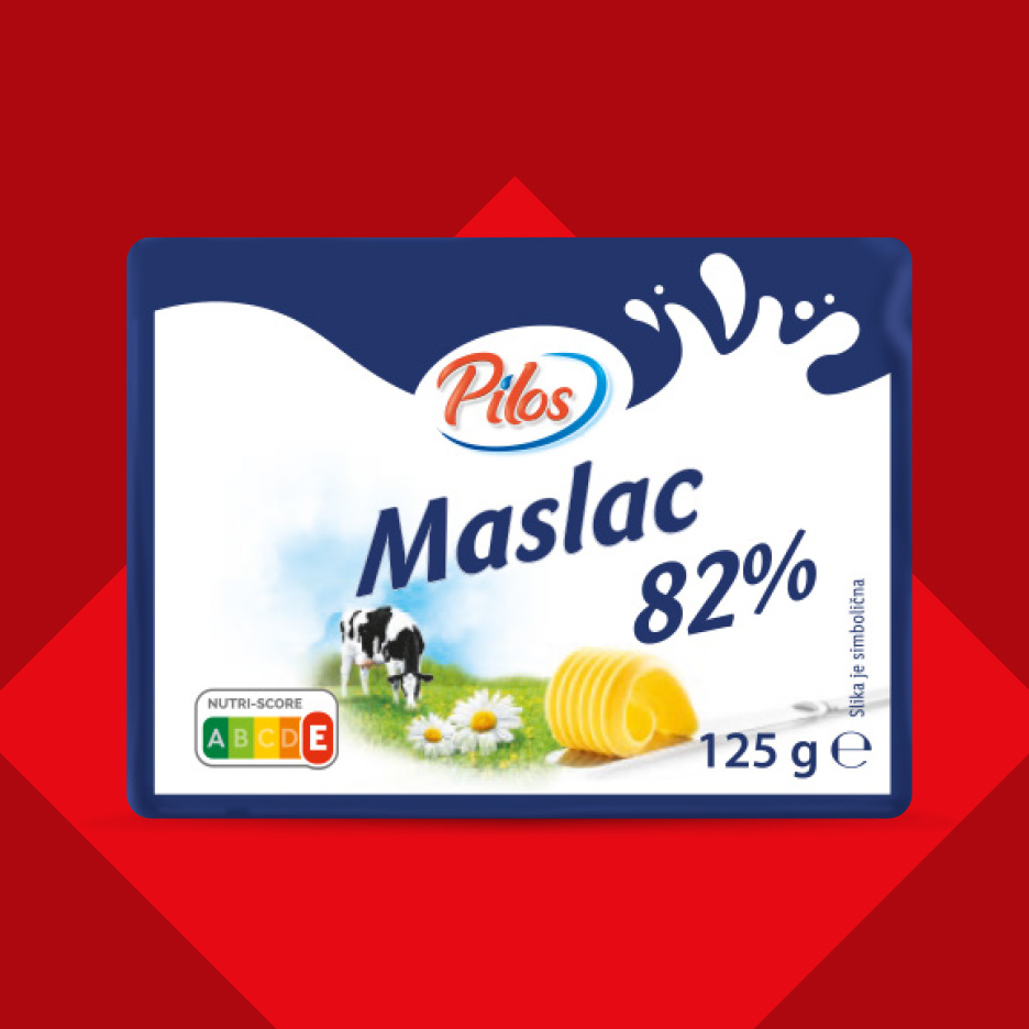 Pakovanje putera sa 82% mlečne masti, kravom na pašnjaku i Nutri-Score oznakom.