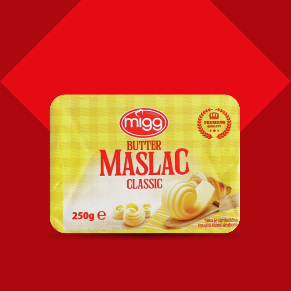 Pakovanje putera od 250g sa natpisom 'Classic' i slikom putera i kroasana.