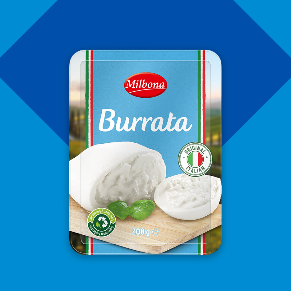 Pakovanje burate sa natpisom „Original Italian“ i „200 g“ na plavoj pozadini.