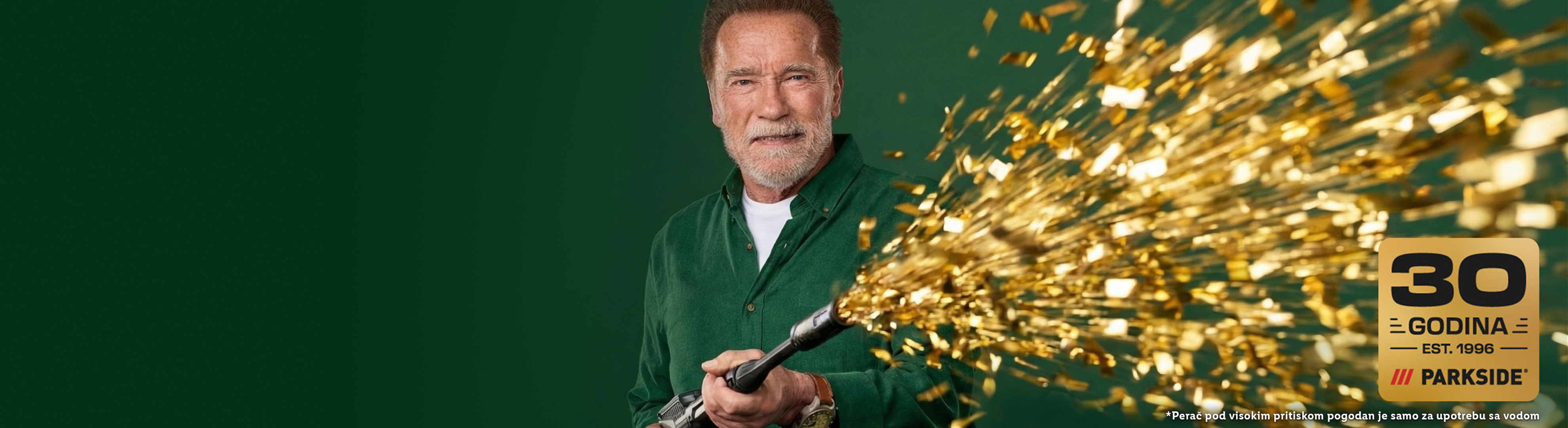 Arnold Švarceneger slavi 30 godina Parkside-a sa zlatnim konfetama.