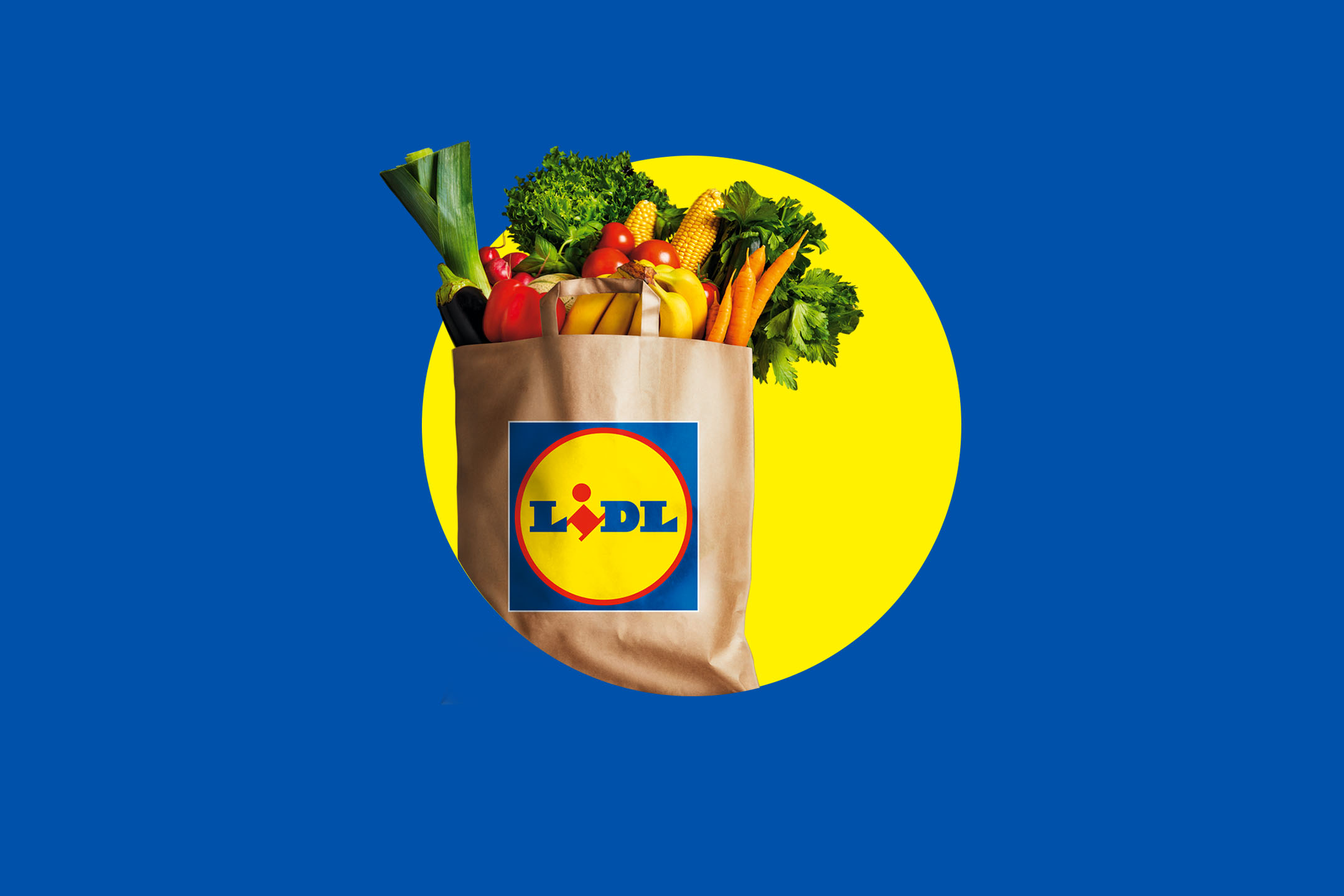 Papirna kesa puna svežeg povrća, uključujući praziluk, patlidžan, kukuruz, paradajz i šargarepu, na plavoj pozadini sa žutim krugom.