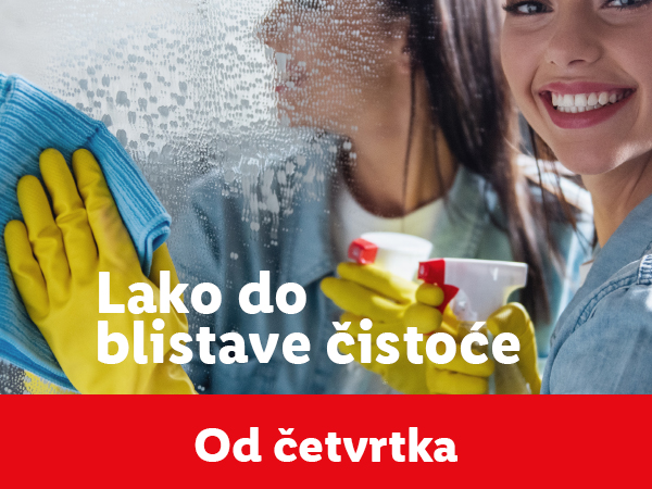 Žena čisti prozor, a druga se smeje u pozadini, sa tekstom 'Lako do blistave čistoće' i 'Od četvrtka'.