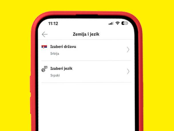 Podešavanja aplikacije za izbor zemlje i jezika, prikazujući Srbiju i srpski jezik.