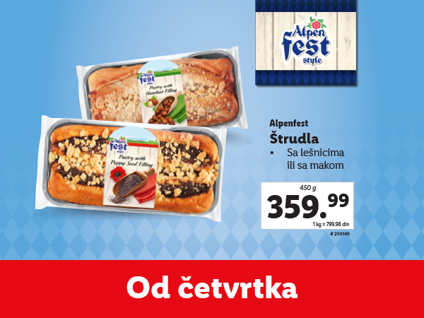 Alpenfest štrudla sa lešnicima ili makom, 450g, 359.99 din.