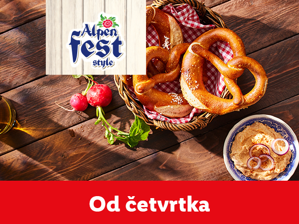 Pretzel, namaz i rotkvice na drvenom stolu sa natpisom 'Alpen Fest style' i 'Od četvrtka'.