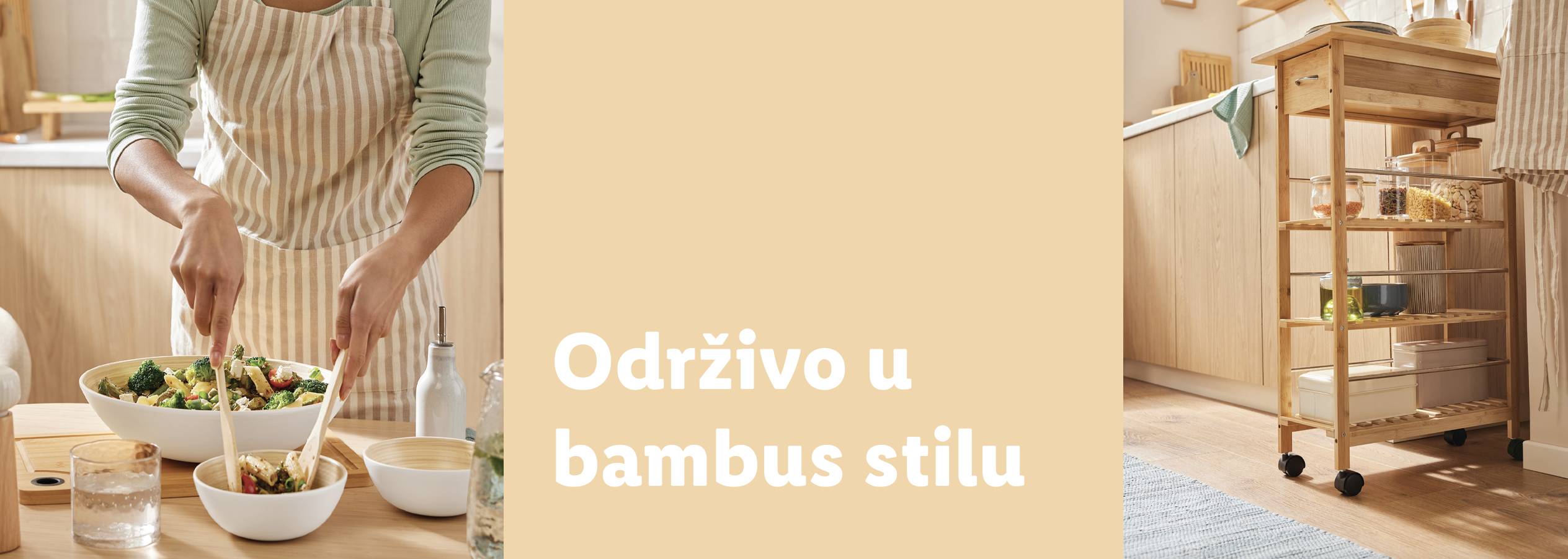 Žena priprema salatu u kuhinji sa bambusovim posuđem i policom.