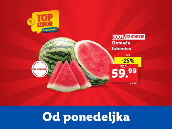 Akcija u Besemenu: domaća lubenica iz Srbije, -25%, 59.99 dinara/kg.