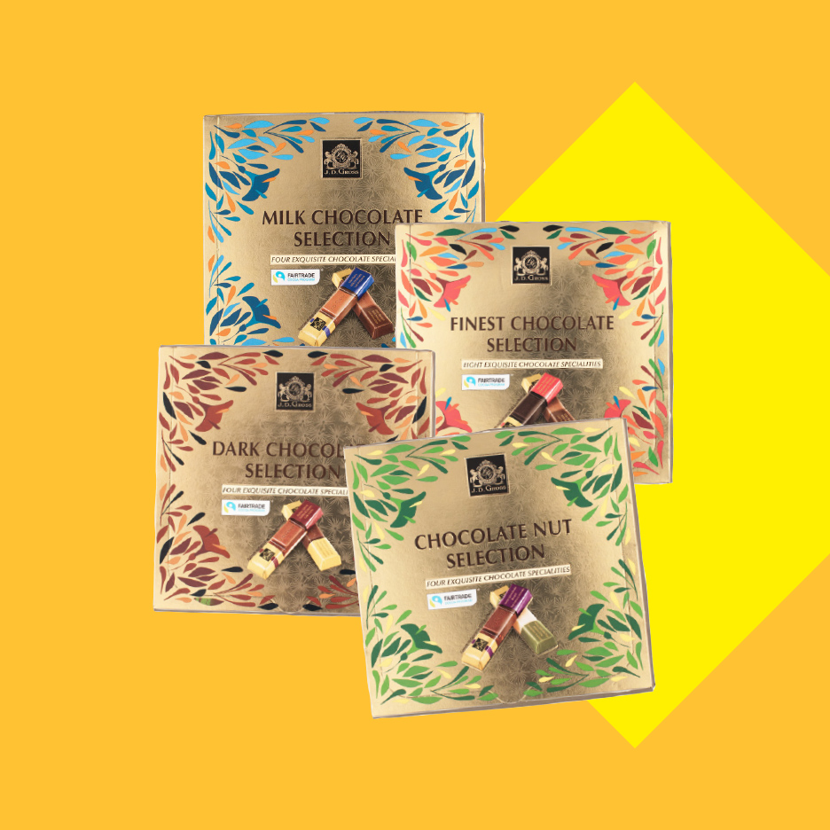 Četiri kutije Lidl čokoladnih selekcija: mlečna, tamna, najfinija i sa orašastim plodovima.