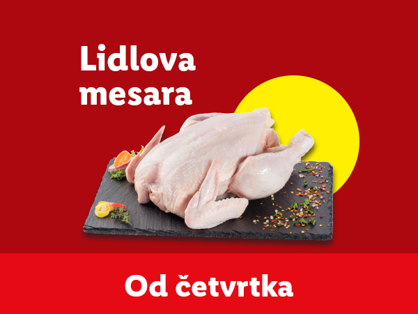Lidlova mesara: Sveže pile na crnoj dasci, sa začinima i povrćem, na crvenoj pozadini.
