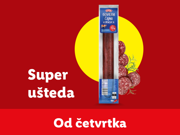 Pakovanje goveđe čajne kobasice sa natpisom „Super ušteda“ i „Od četvrtka“.