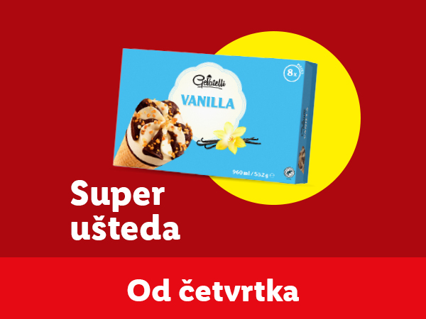 Kutija sladoleda od vanile sa natpisom 'Super ušteda' i 'Od četvrtka'.