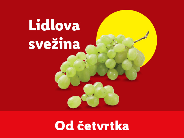 Lidlova svežina: Zeleno grožđe na crvenoj pozadini sa žutim krugom.