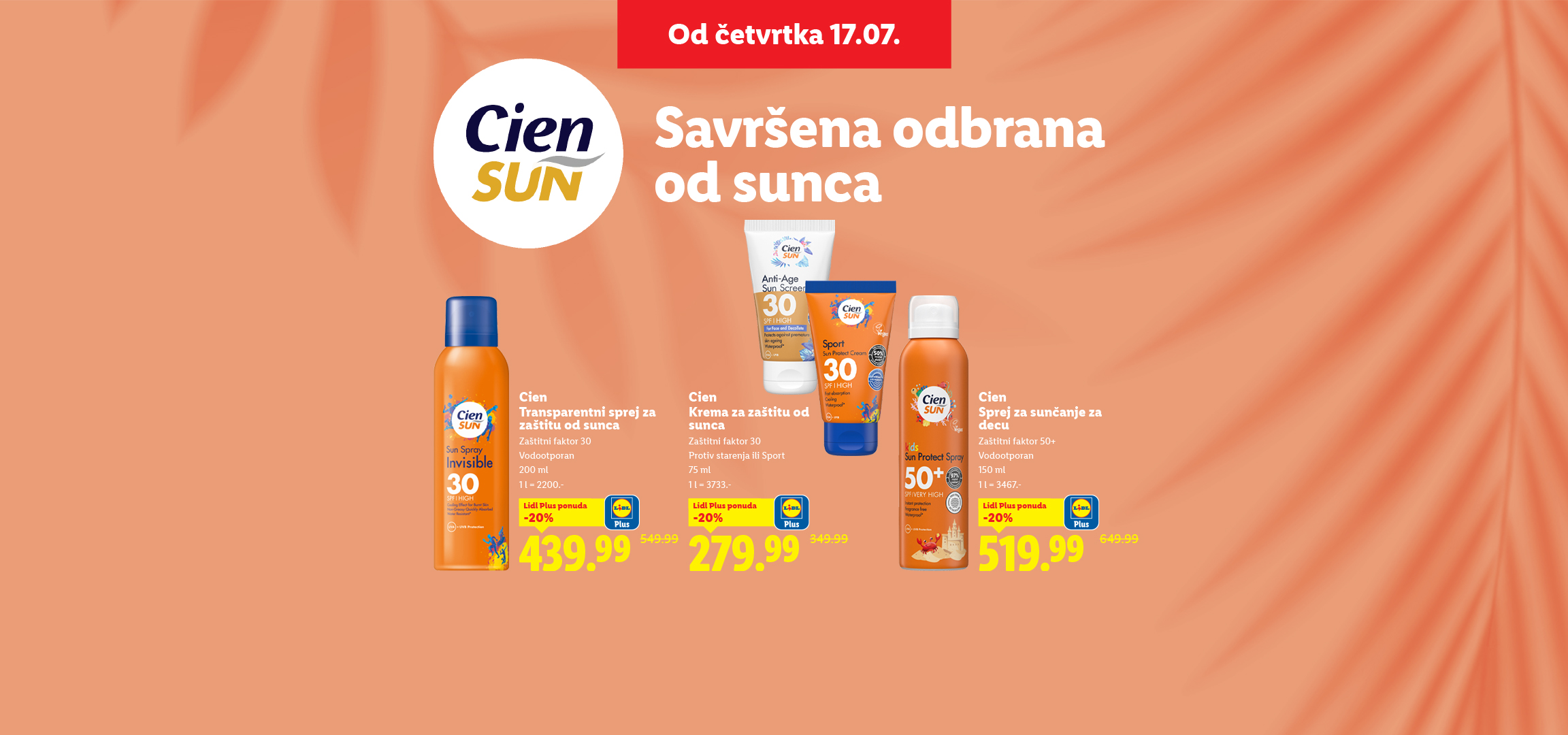Cien Sun proizvodi za zaštitu od sunca: sprejevi, kreme i losioni sa SPF 30 i 50+.