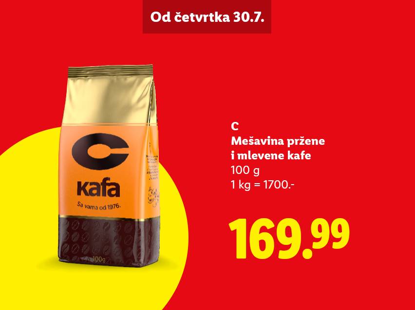 Pakovanje pržene i mlevene kafe od 100g, sa cenom od 169.99, dostupno od četvrtka 30.7.
