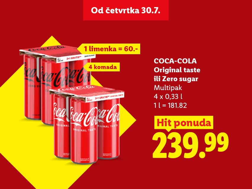Ponuda Coca-Cole: multipak od 4x0,33l, original ili zero sugar, po ceni od 239.99.